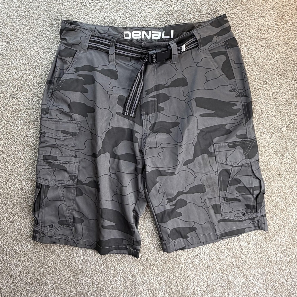 Denali Cargo Shorts Mens 34 Gray Camo Microfiber Stretch Belted Summer Casual